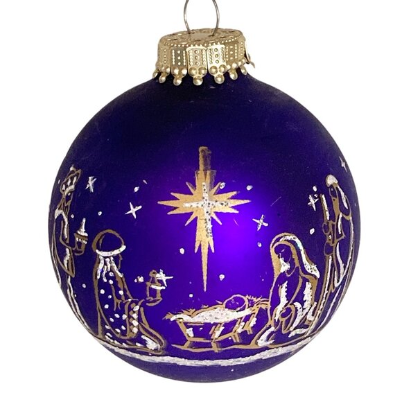 Vtg Glass Bulb Christmas Tree Ornament Nativity Scene Jesus Birth Purple Gold - Picture 1 of 10